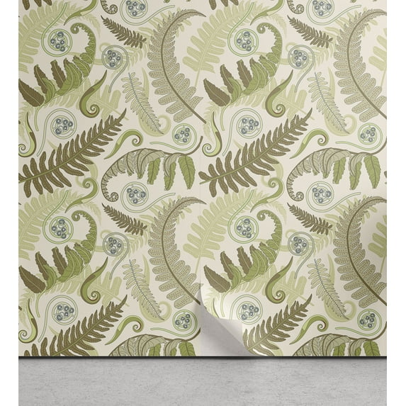 Ambesonne Botany Peel & Stick Wallpaper for Home, Curlicue Fern Leaves Art, 13"x72", Eggshell and Dark Tan