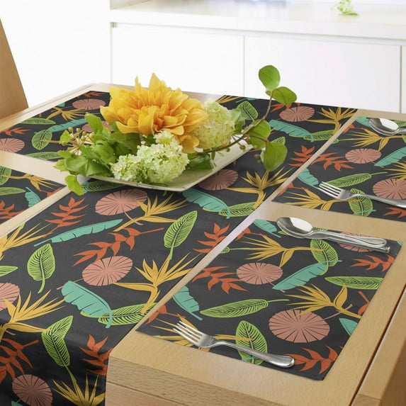 Ambesonne Botany Table Runner & Placemats, Abstract Exotic Garden Scene, Placemat 4 pcs + Runner 12"x90", Dark Grey and Multicolor
