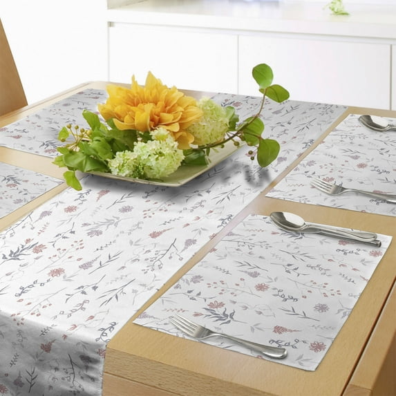 Ambesonne Botany Table Runner & Placemats, Minimalist Gardening Herbs, Placemat 4 pcs + Runner 12"x72", Blush Lilac and White