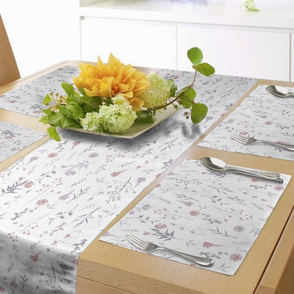Ambesonne Botany Table Runner & Placemats, Minimalist Gardening Herbs, Placemat 4 pcs + Runner 14"x72", Blush Lilac and White