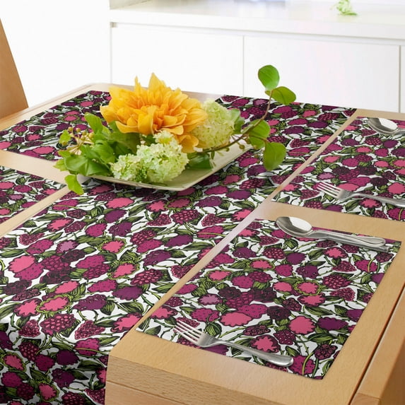 Ambesonne Botany Table Runner & Placemats, Pinkish Blackberries Pattern, Placemat 4 pcs + Runner 12"x90", Raspberry Lime Green
