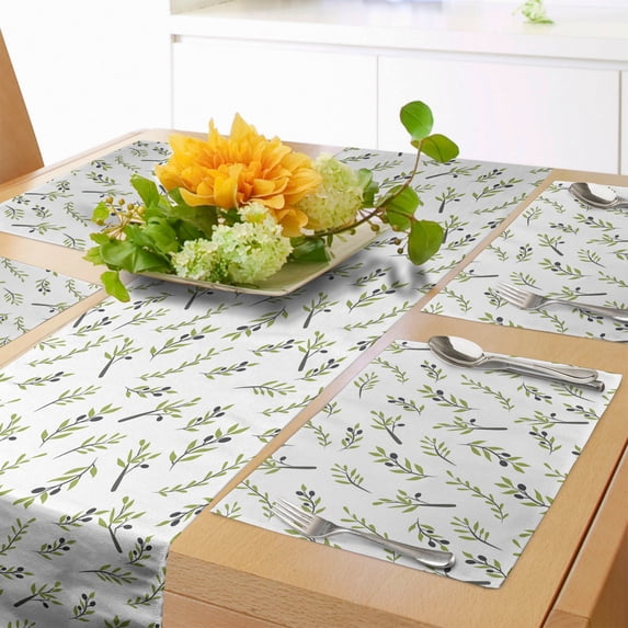 Ambesonne Botany Table Runner & Placemats, Simple Olive Branch Pattern, Placemat 4 pcs + Runner 14"x90", White Pastel Green