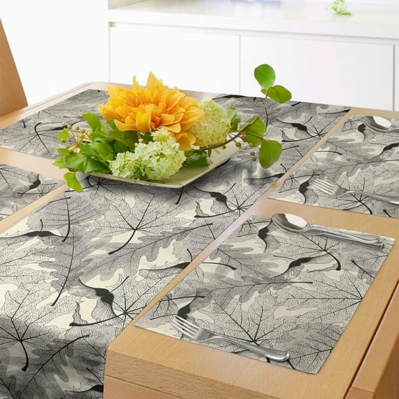 Ambesonne Botany Table Runner & Placemats, Skeleton of Leaves Graphic, Placemat 4 pcs + Runner 16"x90", Ivory Taupe Grey