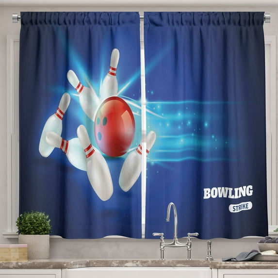 Ambesonne Bowling Kitchen Curtains, Strike Red Ball Pins, 55"x45", Red Aqua Blue