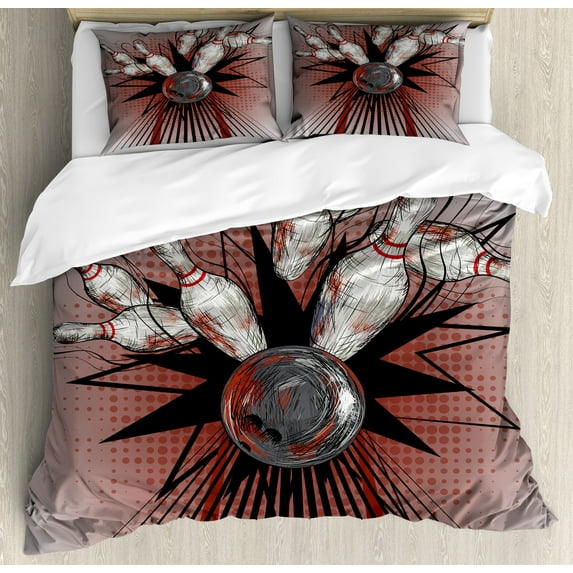 Ambesonne Bowling Party Duvet Cover Set, Ball Crash Pins, 2-Calking, Mauve Grey Red
