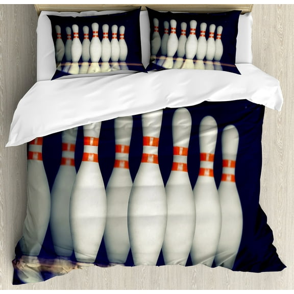 Ambesonne Bowling Party Duvet Cover Set, Pins on Alley, Calking, Dark Blue White Red