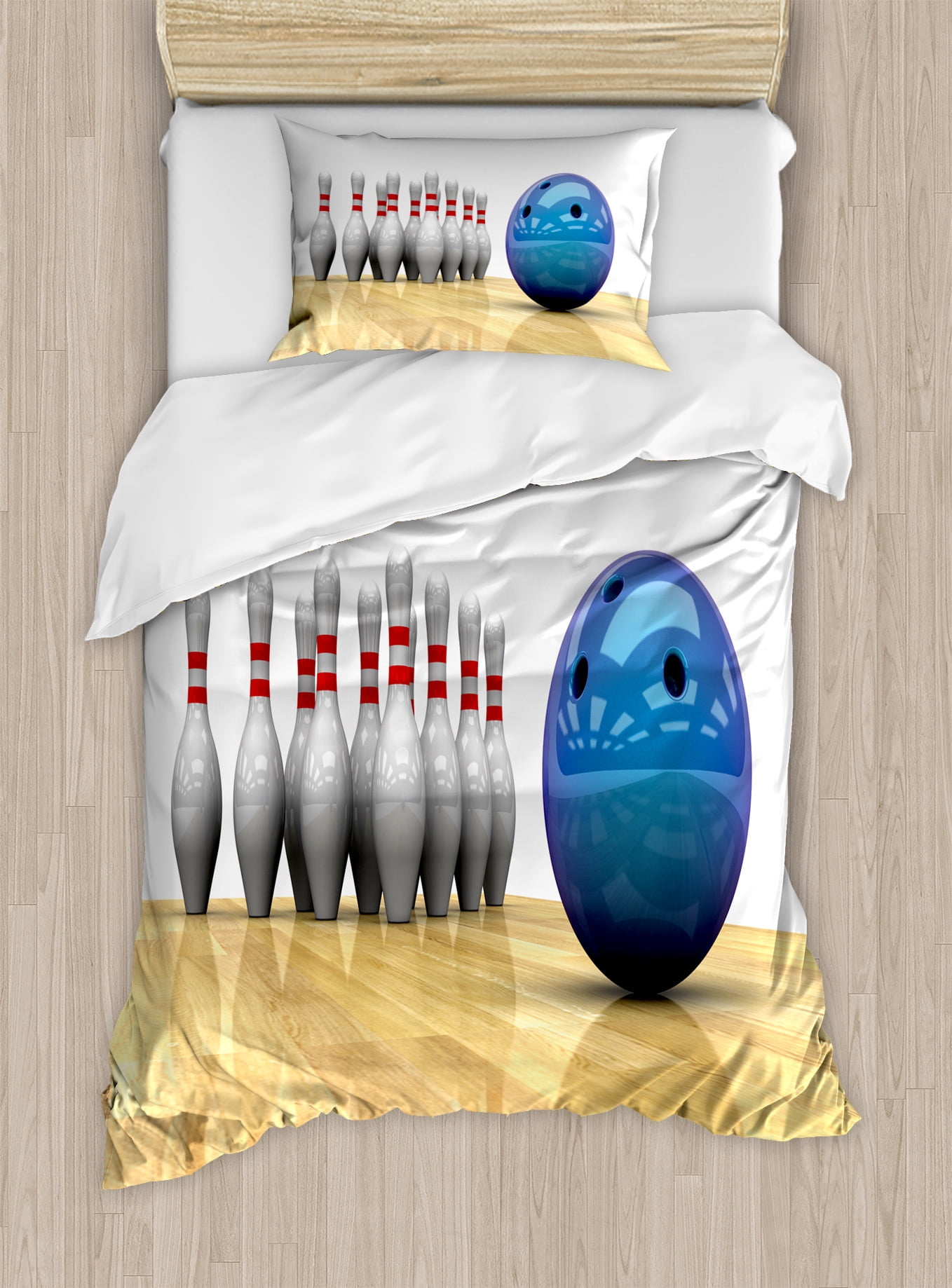 Ambesonne Bowling Party Duvet Cover Set, Symmetrical Pins, King, Blue White  Red