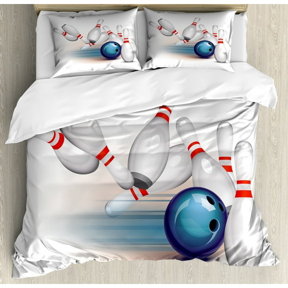 Ambesonne Bowling Party Duvet Cover Sets, Thrown Ball Hit, 2-King, White Pale Blue Red