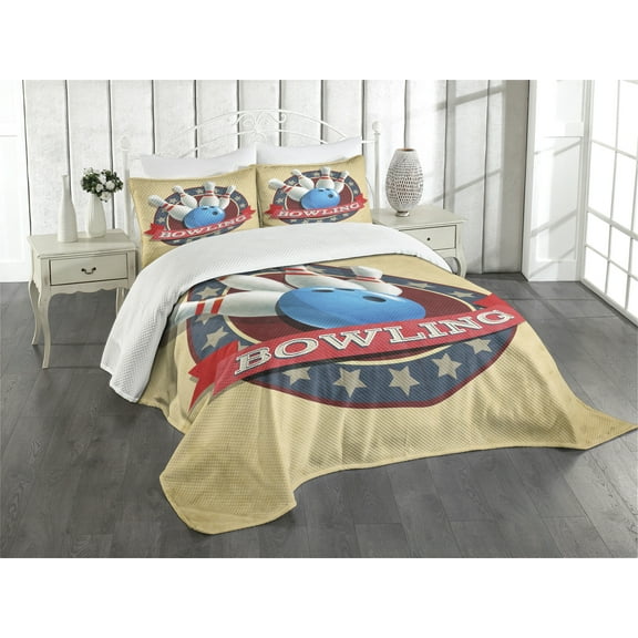 Ambesonne Bowling Party Quilted Bedspread Set 3 Pcs, Circular Sport Emblem, Queen Size, Multicolor