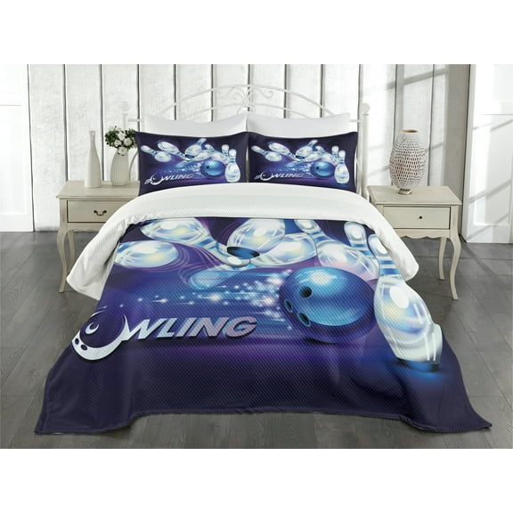 Ambesonne Bowling Party Quilted Bedspread Set 3 Pcs, Fantasy Ball Moon, King Size, Indigo White Blue