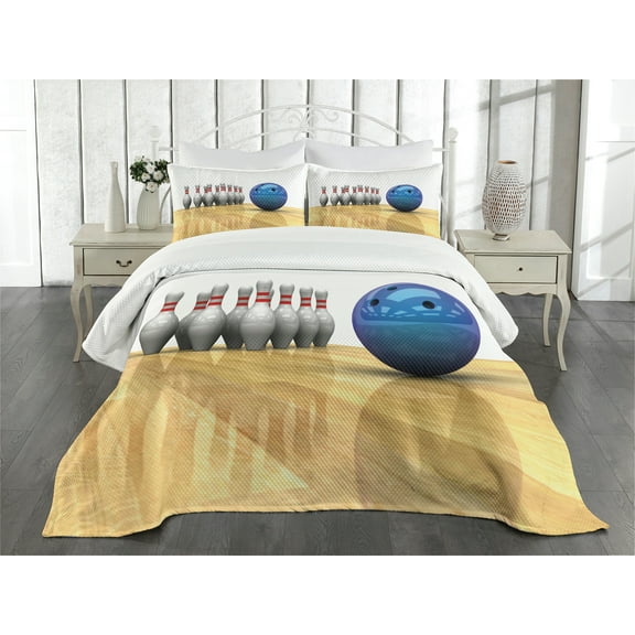 Ambesonne Bowling Party Quilted Bedspread Set 3 Pcs, Objects on Floor, Queen Size, Blue Pale Brown White