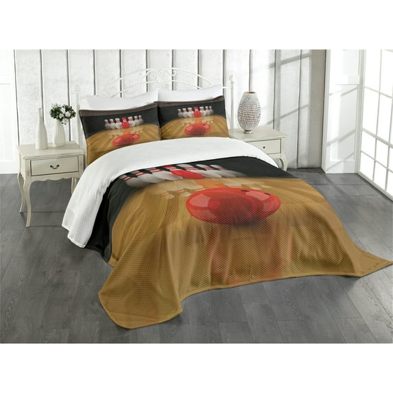 Ambesonne Bowling Party Quilted Bedspread Set 3 Pcs, Red Skittle Ball, Queen Size, Pale Brown Red White