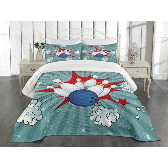 Ambesonne Bowling Party Quilted Bedspread Set 3 Pcs, Retro Comic Blast, Queen Size, Multicolor