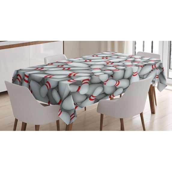 Ambesonne Bowling Party Tablecloth Rectangular Table Cover, Vivid Pins Pile, 60"x84", Red and White