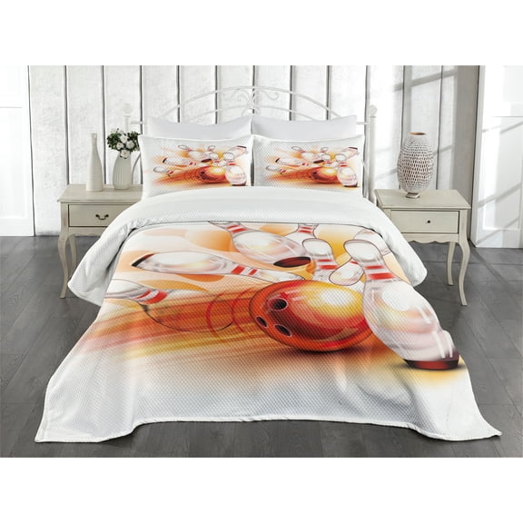 Ambesonne Bowling Quilted Bedspread Set 3 Pcs, Ball Crashing, Queen Size, Red Orange White