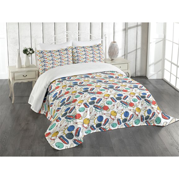 Ambesonne Bowling Quilted Bedspread Set 3 Pcs, Color Doodle Retro, Queen Size, Multicolor