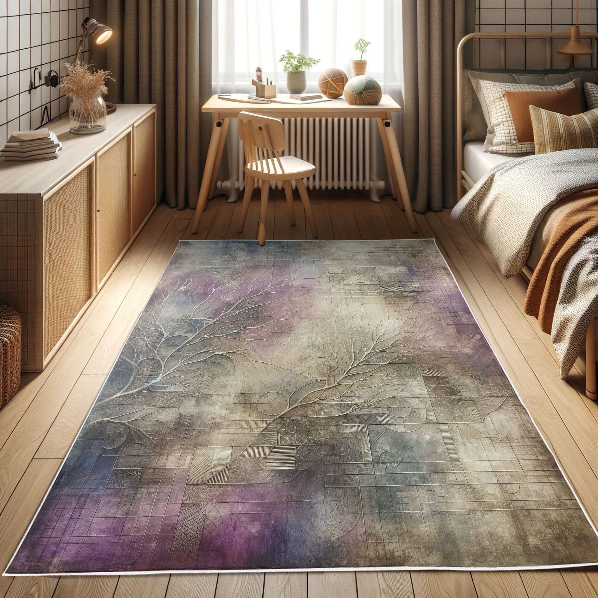 Gray and Pale Lilac Synthetic Rectangular Area Rug