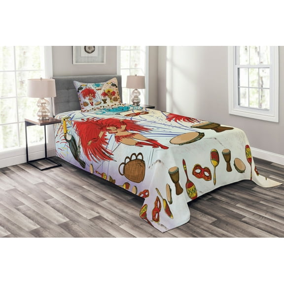 Ambesonne Brazil Quilted Bedspread Set 2 Pcs, Rio Carnival Vibe Themed, Twin Size, Multicolor