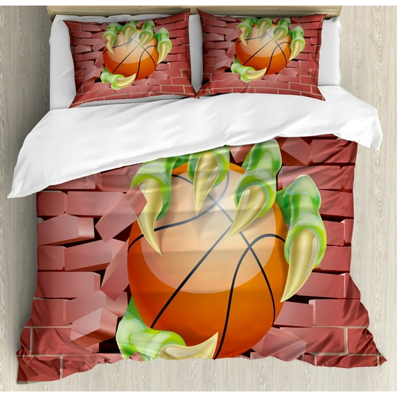 Ambesonne Brick Wall Duvet Cover Set, Basketball Cartoon Art, Queen, Coral Orange Lime Green