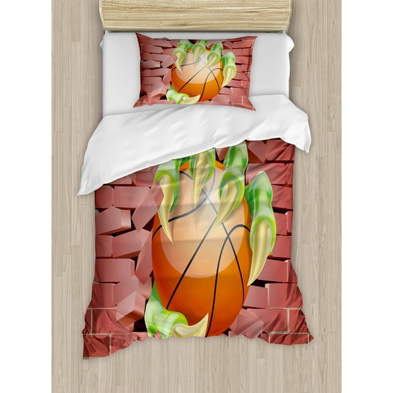 Ambesonne Brick Wall Duvet Cover Set, Basketball Cartoon Art, Twin, Coral Orange Lime Green