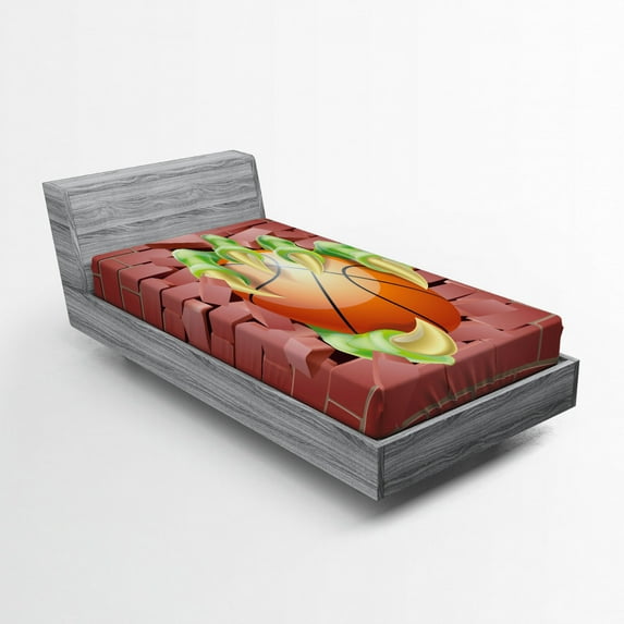 Ambesonne Brick Wall Fitted Sheet, Basketball Cartoon Art, Twin Size, Coral Orange Lime Green