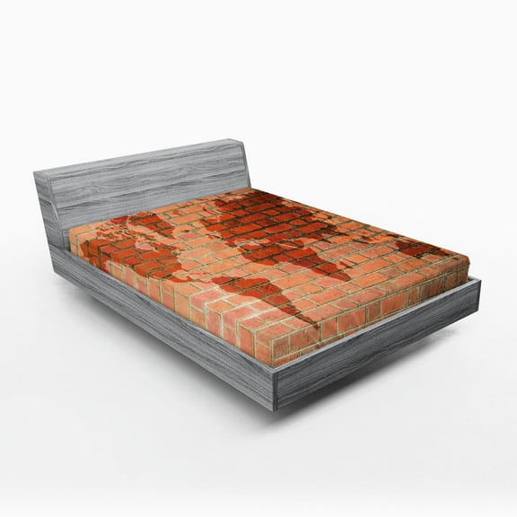 Ambesonne Brick Wall Fitted Sheet, World Map on Brick Wall, Full Size, Orange