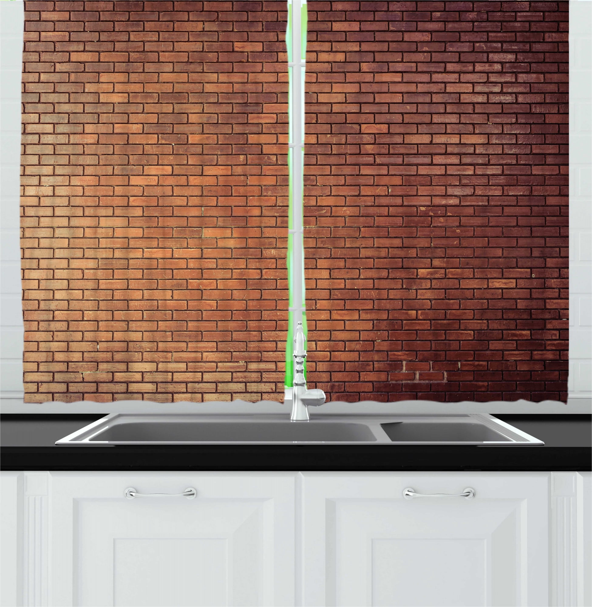 Ambesonne Brick Wall Kitchen Curtains, Rustic House Exterior, 55"x45", Brown Dark Brown