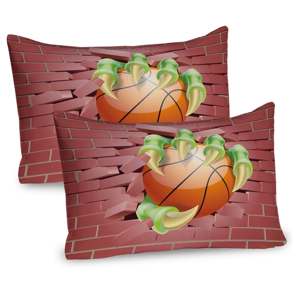 Ambesonne Brick Wall Pillow Sham 2 Pack, Basketball Cartoon Art, 30"x20", Coral Orange Lime Green
