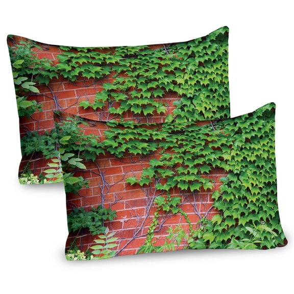 Ambesonne Brick Wall Pillow Sham 2 Pack, Green Ivy Leaves Nature, 26"x20", Burnt Orange Green