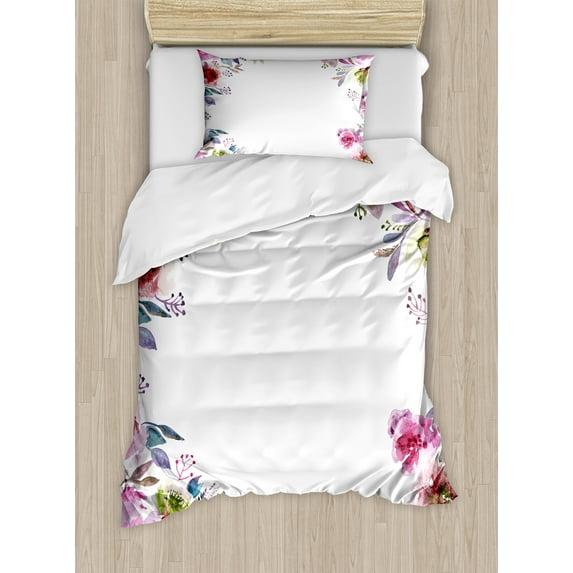 Ambesonne Bridal Duvet Cover Sets, Romantic Blossom Flowers, 2-Twin, Fuchsia Green Blue