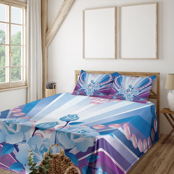 Ambesonne Bridal Fitted & Top Sheet Set with Shams, Valentines Roses Heart, Blue Purple Pink