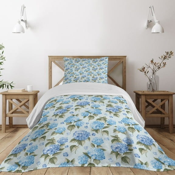 Ambesonne Bridal Quilted Coverlet 2 Pcs, Hydrangea Flowers Swirls, Twin Size, Pale Blue Reseda Green