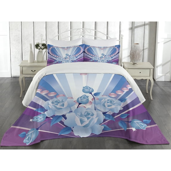 Ambesonne Bridal Quilted Coverlet 3 Pcs, Valentines Roses Heart, King Size, Blue Purple Pink