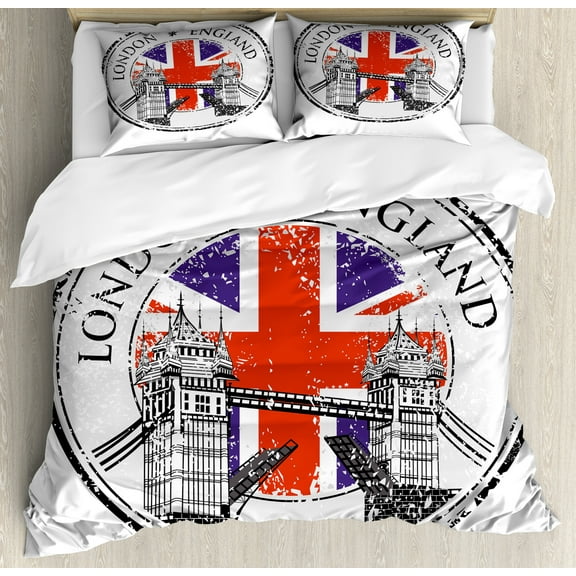Ambesonne British Duvet Cover Set, Flag Nostalgic National, Calking, Pale Grey Navy Blue