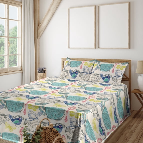 Ambesonne British Themed Fitted & Flat Sheet with Sham 3 Pcs Set, Vintage English Art, Twin XL, Seafoam Hot Pink Cream