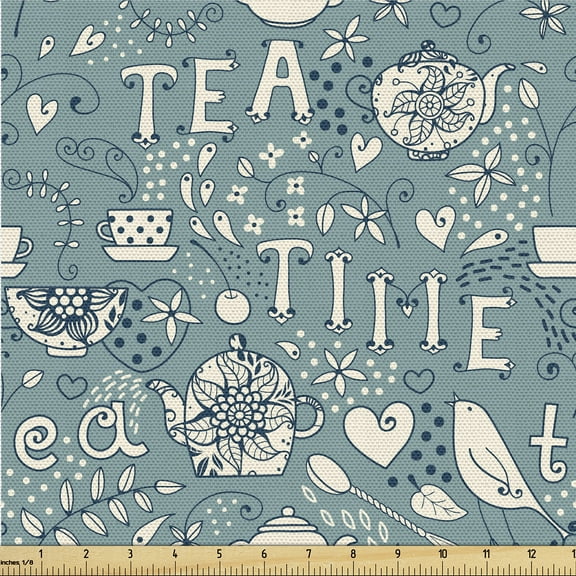 Ambesonne British Vibes Fabric by the Yard, English Tea Time Art, 1 Yard, Cadet Blue Eggshell
