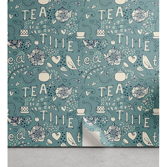 Ambesonne British Vibes Peel & Stick Wallpaper for Home, English Tea Time Art, 13"x100", Cadet Blue Eggshell