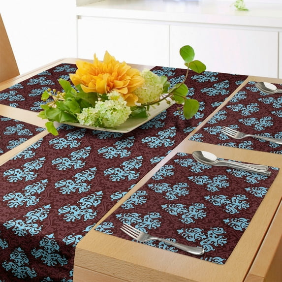 Ambesonne Brown Blue Table Runner & Placemats, Victorian Foliage, Placemat 4 pcs + Runner 16"x90", Brown Blue