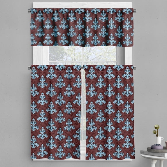 Ambesonne Brown Blue Valance & Curtain, Victorian Foliage, 55"x30", Brown Blue