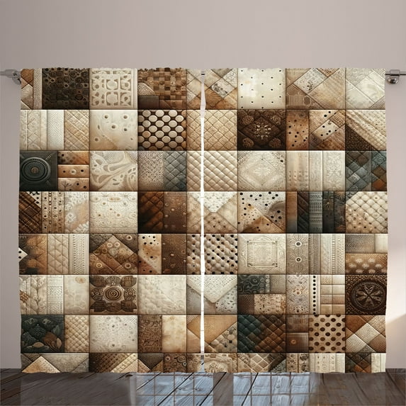 Ambesonne Brown Curtains 2 Panel Set, Boho Ethnic Patchwork Print, 108" x 90", Dark Cocoa Warm Taupe