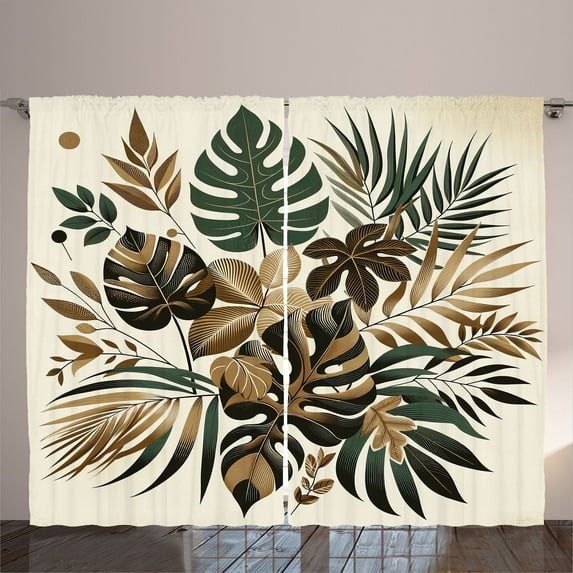 Ambesonne Brown Curtains 2 Panel Set, Exotic Retro Leaves Botanical, 108" x 90", Ivory Forest Green and Cocoa