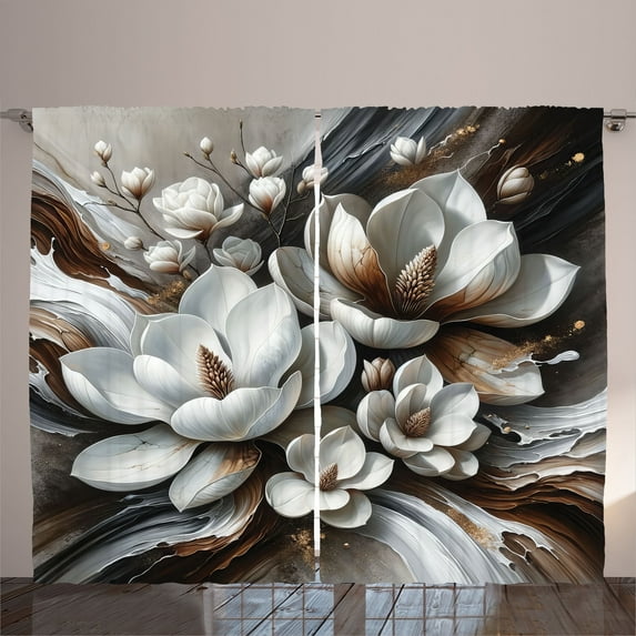 Ambesonne Brown Curtains 2 Panel Set, Magnolia on Watercolor Hues, 108" x 90", White Dark Grey and Chocolate