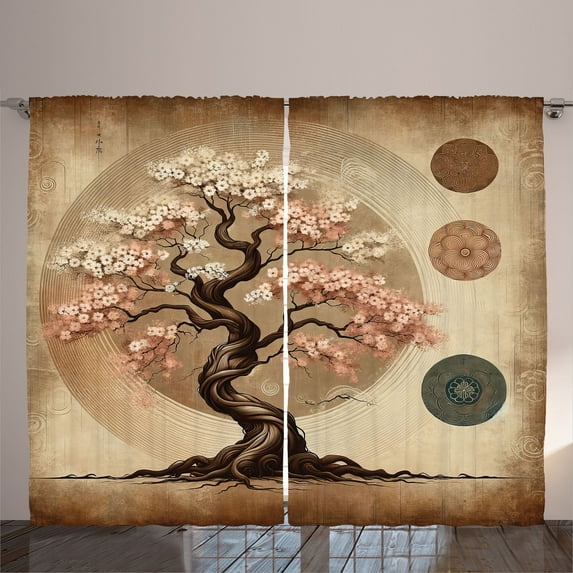 Ambesonne Brown Curtains 2 Panel Set, Rustic Japanese Garden Tree, 108" x 96", Dark Salmon Caramel Taupe