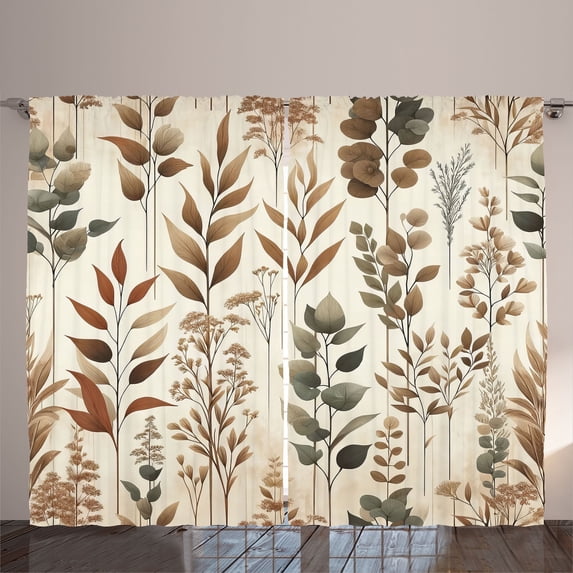 Ambesonne Brown Curtains 2 Panel Set, Vintage Botanical Concept, 108" x 84", Pale Camel Laurel Green