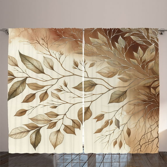 Ambesonne Brown Curtains 2 Panel Set, Watercolor Autumnal Branches, 108" x 108", Cream Pale Caramel