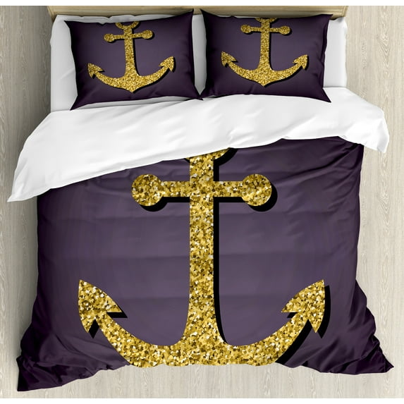 Ambesonne Brown Duvet Cover Sets, Anchor Pattern Tranquil, 2-King, Plum Yellow