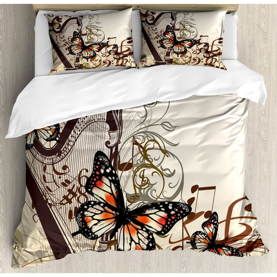 Ambesonne Brown Duvet Cover Sets, Harp Ornament Butterfly, 2-King, Cream Orange Black