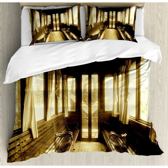 Ambesonne Brown Duvet Cover Sets, Old Vintage Train Salon, 2-Queen, Sepia