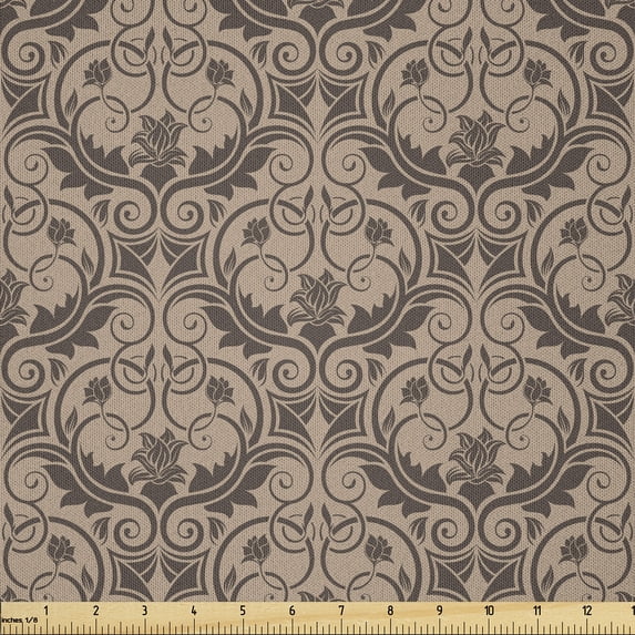 Ambesonne Brown Fabric by the Yard Microfiber, Venetian Floral Tile, 1 Yard, Pale Salmon Redwood