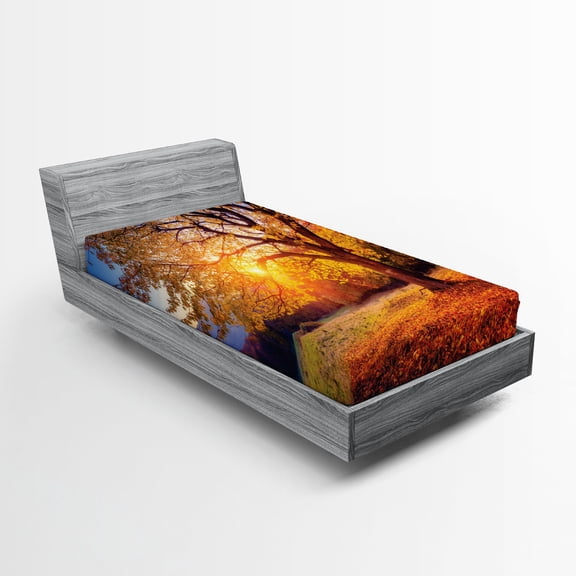 Ambesonne Brown Fitted Sheet, Autumn Fall Tree Leaves, Twin XL Size, Brown